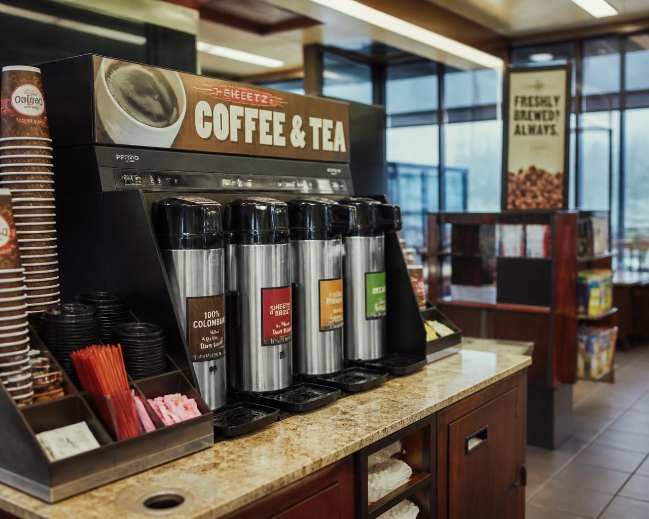 Fresh coffee station and beverage coolers