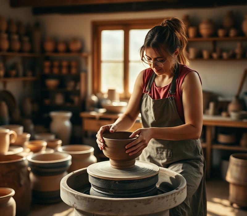 A maker shaping clay on a pottery wheel
