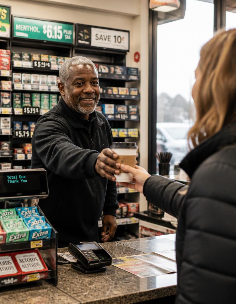 Store owner handing a customer a fresh coffee at the counter